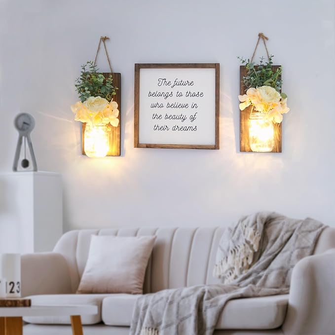 Besuerte Farmhouse Wall Decor for Living Room Rustic Mason Jar Wall Sconces Set of 2 for Home Living Room Bedroom Decorations with Rose Bouquet Flowers and Remote LED Fairy Lights (Large Jacobean)