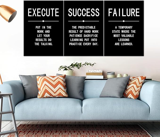 Inspirational Canvas Painting Wall Art Success Quote Wall Art Execute Failure Definition 3 Pieces Black Poster Positive Motivational Framed Artwork Prints Picture for Living Room Office [60''Wx 28''H]