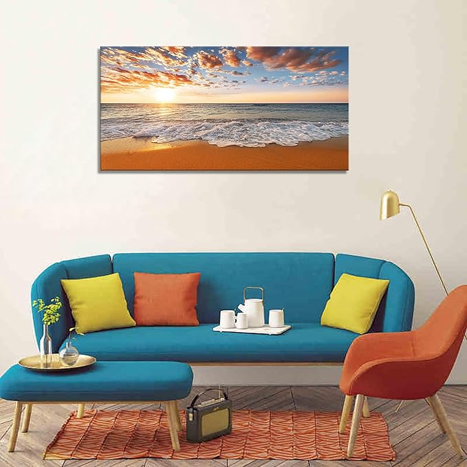 YYYYHPP YP2162 Beach Wall Art Morning Sunrise Sky Ocean Beach Waves Scenery Modern Painting Artwork for Office Wall Decor Home Decoration Stretched and Framed Ready to Hang