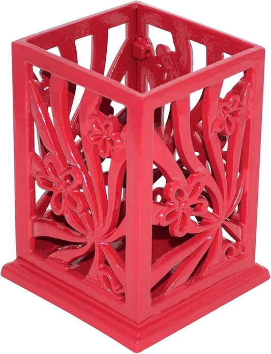 Kitchen Utensil Holder for Countertop Vintage Cast Iron Metal Utensil Storage Spatula Holder for Kitchen Counter with Hollowed-out Daffodil Pattern, Red