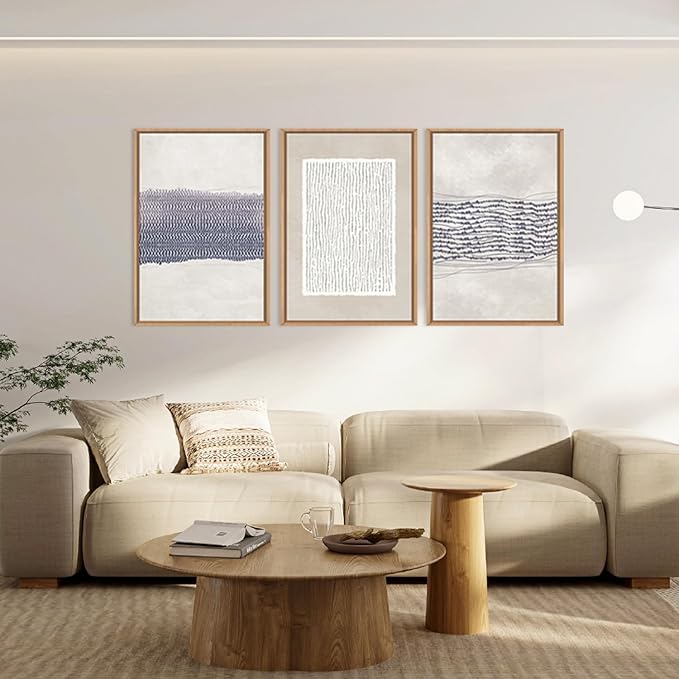 HOURIA Blue White Abstract Neutral Framed Canvas Wall Art Set,Minimalist Boho Waves Lines Wall Decor,Modern Geometric Shapes Print,Mid Century Grunge Artwork for Living Room,Bedroom,Office- 16"x24"x3