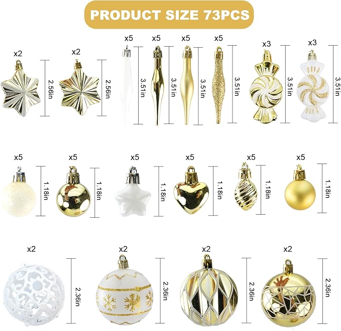 73 Pcs Christmas Ball Ornaments, Gold White Plastic Hanging Ornaments for Christmas Tree, Wreaths & Outdoor Displays