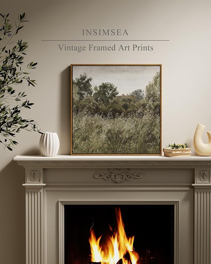 InSimSea Square Framed Canvas Wall Art, Large Decor Field of Oats Grassland Paintings, Nature Scenery Wall Pictures for Bedroom Living Room, Canvas Prints Vintage Country Decor 20"x20"