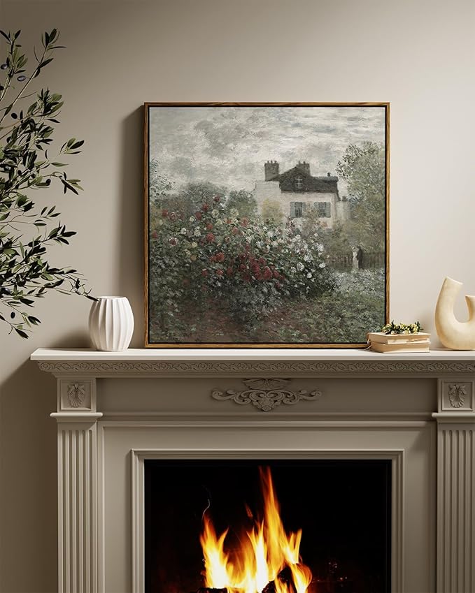InSimSea Square Framed Canvas Wall Art, Large Decor Monet Flower Garden Paintings, Garden Scenery Wall Pictures for Bedroom Bathroom Living Room, Canvas Prints Vintage Farmhouse Decor 24"x24"