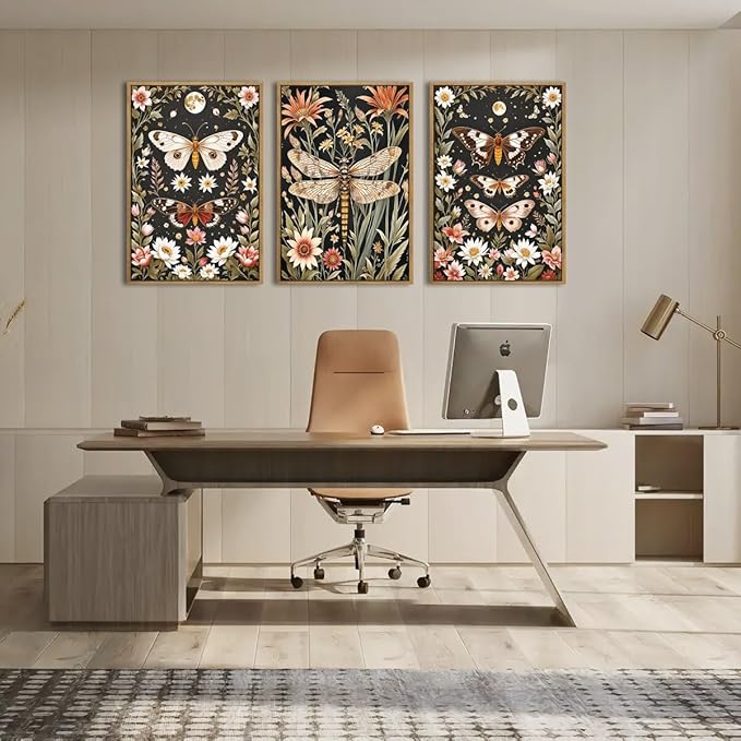 ANHUIB William Morris Wall Art 16x24 Inch Vintage Floral Wall Decor Framed Butterfly Dragonfly Prints Nature Botanical Animal Artwork Set of 3 for Living Room Bedroom Office