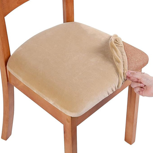 Smiry Velvet Seat Covers for Dining Room Chair Set of 4, Stretch Fit Removable Washable Chair Seat Cushion Protector Slipcovers with Ties, Beige