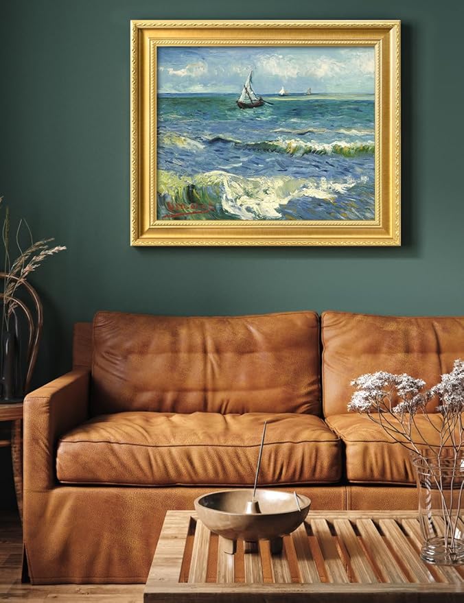 DECORARTS - The Sea at Les Saintes-Maries-de-la-Mer by Vincent Van Gogh. Giclee Print on Acid-Free Canvas in Gold Solid Wood Frame. Picture Size: 20x16, Total Size: 24.75x20.75, Made in USA