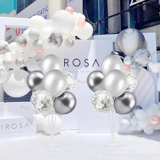 Silver Balloon Stand Centerpiece Table Decorations for 25th Wedding Anniversary Birthday Bridal Shower Father's Day Mother's Day Platinum Party Decorations(Silver gray set4)