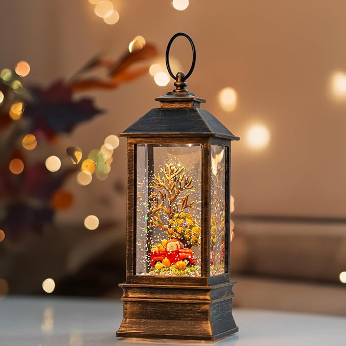 Fall Snow Globe Lantern Thanksgiving Glittering Lighted Lantern, Fall Harvest Day Decorations Gifts, Home Fall Halloween Decor (Pumpkins &Truck)