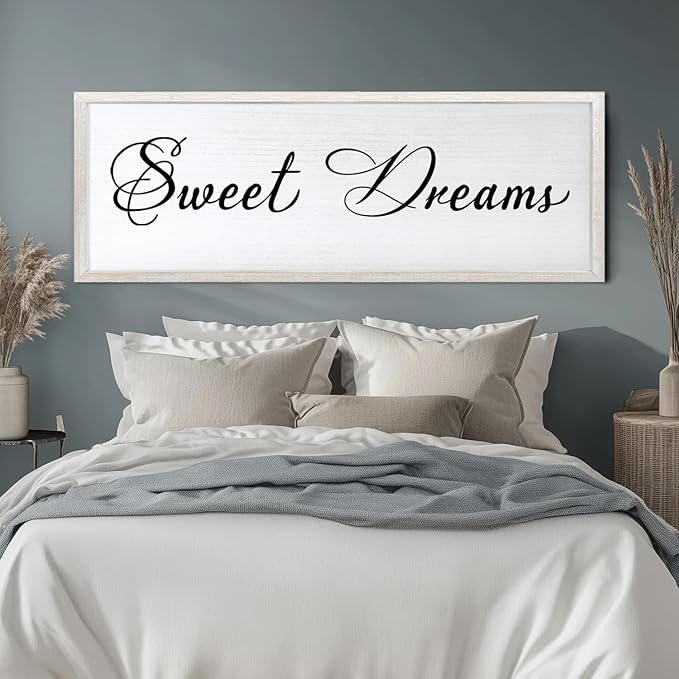 Sweet Dreams Wall Decor Above Bed 32x12 Inch Large Master Bedroom Hanging Wood Rustic Framed Farmhouse Sweet Dreams Sign Guest Room Aesthetic And Minimalist Over Bed Wall Art（White）