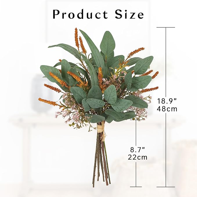 Fall Artificial Eucalyptus Bouquet with Orange Sage Leaves – Autumn Faux Greenery Bush with Raffia Wrap for Farmhouse, Kitchen, Table, and Seasonal Home Décor