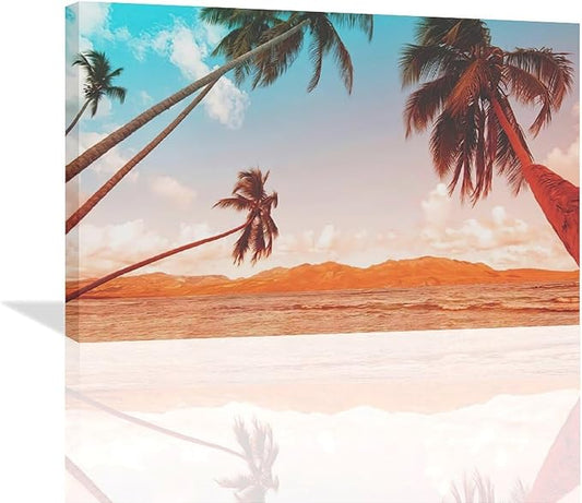 Large Beach Palms Wall Art Coastal Tropical Palm Tree Pictures Wall Decor Bathroom Ocean Nautical Canvas Painting Print Modern Home Decor Artwork Framed for Living Room Bathroom Master Bedroom 24"x16"