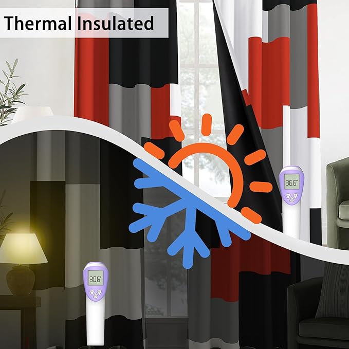 Red Black 100% Blackout Curtains for Bedroom 72 inch Length 2 Panels Set White Grey Modern Abstract Geometric Black Out Curtains Insulated Room Darkening Window Drapes for Living Room, 52Wx72L