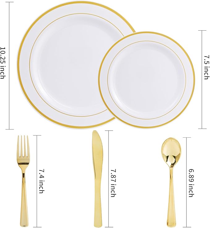 WDF-125 PCS Gold Plastic Plates - White And Gold Plastic Plates Include 25 Dinner Plate, 25 Salad Plate, 25 Forks, 25 Knives, 25 Spoons for Parties/wedding