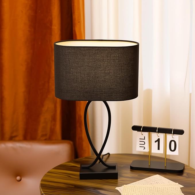 Modern Eye Protection Bedside Table Lamp, 11 x 7 x 19 Inch Farmhouse Table Lamps, Black Metal Base Table Lamp for Bedrooms and Office (Black Fabric Lampshade)
