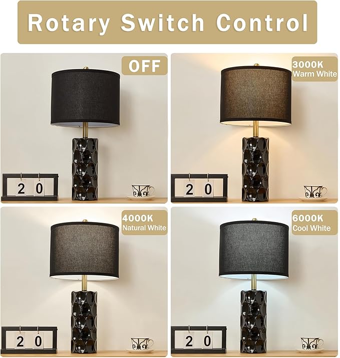 24" Modern Ceramic Table Lamp Set of 2 Bedroom Lamps, 3 Color Dimmable Bedside Lamps for Living Room Farmhouse Nightstand Lamp(Rotary-Black)