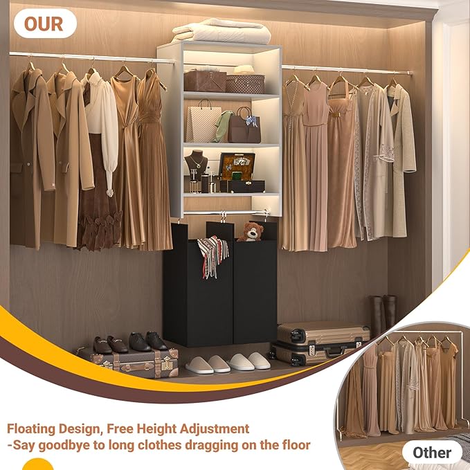 Hanging Closet System with 2 Laundry Hampers, Wood Closet Organizer System with Towers and Hanging Rods, Fits 2-10 Ft. Wall Mounted Closet Systems for Walk-in Closet, Laundry Room, Grey