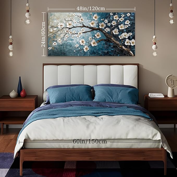 crmotu Plum Blossom Wall Art, Japanese Flower Canvas Large Artwork, Teal Blue Tree Trunk Oil Paintings Prints, Modern Aesthetic Pictures Wall Decor Living Room Bedroom Home Office 24X48 Inches