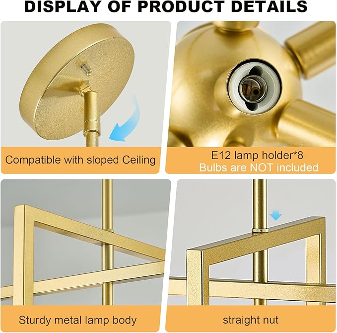 Small Modern Lantern Chandeliers,Geometric Gold Pendant Light Fixture,8-Light Industrial Hanging Chandelier for Dining Room, Living Room,Kitchen, Bedroom, Foyer, Hallway, UL Listed