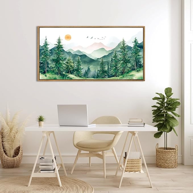 ANHUIB Watercolor Forest Wal Art 20x40 Inch Framed Green Mountain Range Canvas Wall Decor Pine Tree Painting Nature Landscape Wall Art Set of 3 for Living Room Bedroom Office