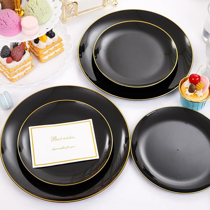 YOUBET 125PCS Black and Gold Plastic Plates - Black Disposable Plates With Gold Rim - Includes 25 Dinner Plates, 25 Dessert Plates, 75 Gold Cutlery for Wedding & Birthday Party Halloween