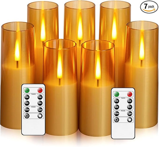 Flickering Flameless Candles 7Pcs Upgraded Realistic Dancing Flame Battery Operated Candles,LED Candles with Remote and Timers,Acrylic Electric Pillar Candles for Festivals Decor(Gold)