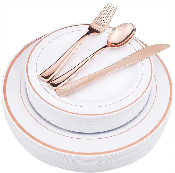 WDF-125PCS Rose Gold Plastic Silverware&Disposable Plastic Plates - Disposable Plates include 25 Dinner Plate,25 Salad Plate,25 Forks, 25 Knives, 25 Spoons for Wedding, Party