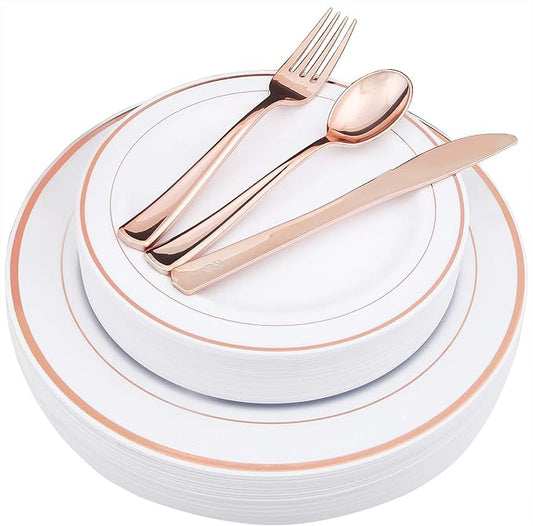 WDF-125PCS Rose Gold Plastic Silverware&Disposable Plastic Plates - Disposable Plates include 25 Dinner Plate,25 Salad Plate,25 Forks, 25 Knives, 25 Spoons for Wedding, Party