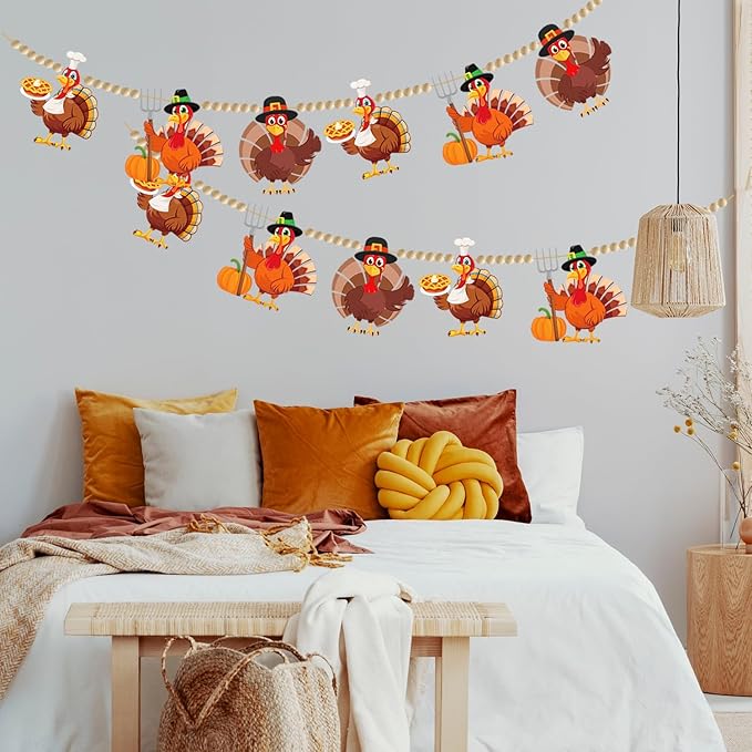 Doumeny 2Pcs Fall Thanksgiving Felt Garland with Wood Bead Thankful Felt Turkey Banner Garland Turkey Wood Bead Bunting Banner Happy Thanksgiving Hanging Bunting for Home Fireplace Harvest Party Decor