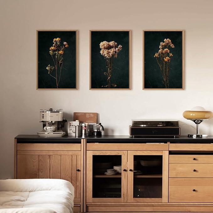 HOURIA Moody Boho Floral Framed Canvas Wall Art Set,Vintage Black Flower Wall Decor,Mid Century Minimalist Wildflower Artwork,Nature Retro Botanical Art Print for Living Room,Bedroom,Office- 16"x24"x3