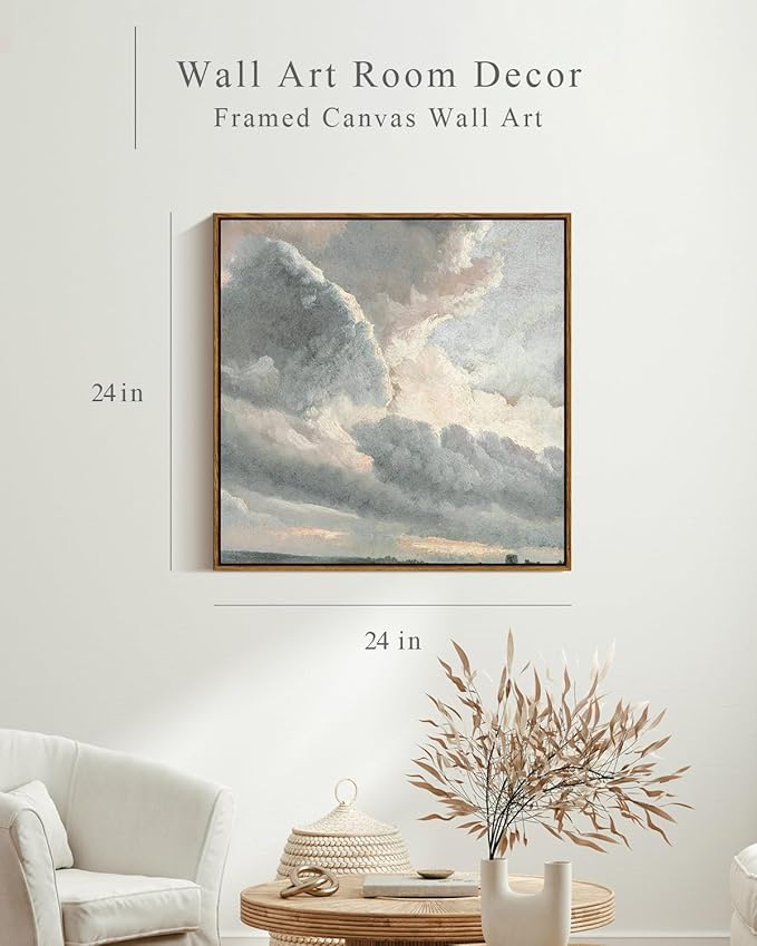 InSimSea Square Framed Canvas Wall Art, Vintage Nature Wall Decor, Sky Clouds Sunset Wall Art Prints for Living Room, Classical Retro Paintings for Bedroom Office Home Decoration 24"x24"