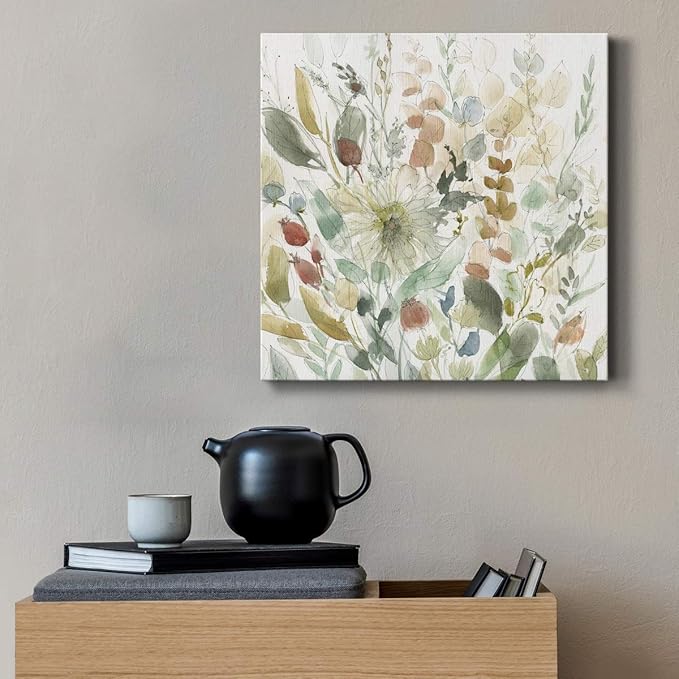 Wexford Home Square Premium Gallery Wrapped Canvas Flower Multicolor Wall Art Abstract Floral Romance Modern Pictures Print for Home Office, Ready to Hang, linen wildflower garden, 16x16