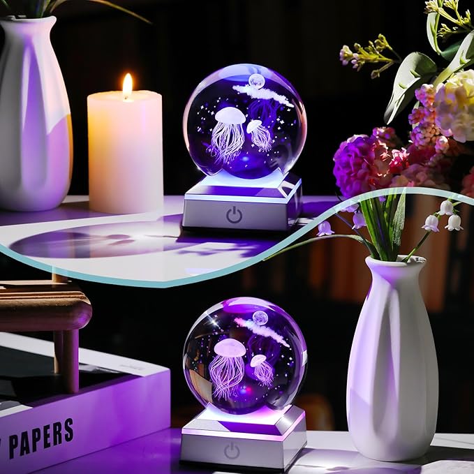 3D Engraved Jellyfish Crystal Ball 3.15‘’ with LED Light Colorful Base - Jellyfish with Star Moon Glass Sphere Lamp Gifts for Women Home Decor