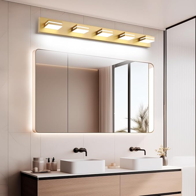 SineRise LED Modern Bathroom Vanity Light Fixtures (5-Light, 40-Inch), Matte Gold Modern Acrylic Bathroom Wall Lighting Fixtures Over Mirror (Cool White 6000K)