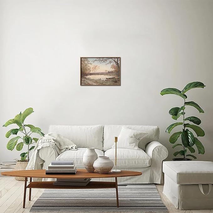 uniro Vintage Wall Art, Farmhouse Wall Decor Fall Pond Wall Painting Canvas Prints Autumn Landscape Oil Painting, Neutral French Country Wall Decor, Vintage Art Pictures for Bedroom Bathroom Kitchen Decor( 8" x 10"-UNFRAMED)