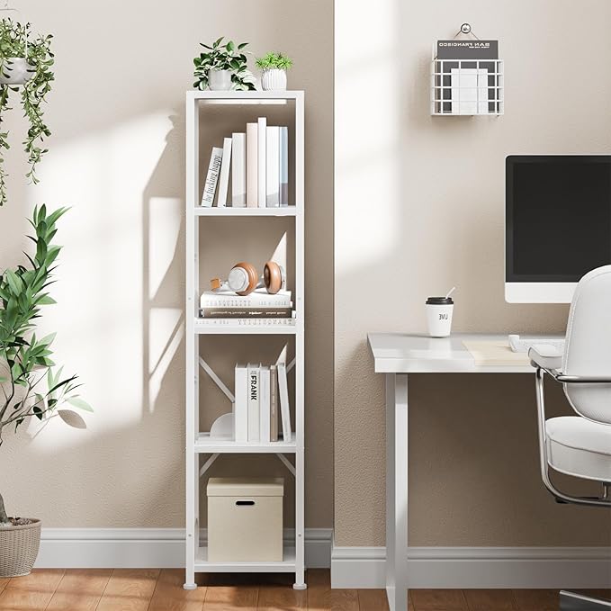 Furologee 5 Tier White Bookshelf, Tall Narrow Bookcase for Small Space, Modern Freestanding Shelf, Metal and Wooden Display Storage Shelves for Bedroom, Living Room, Office