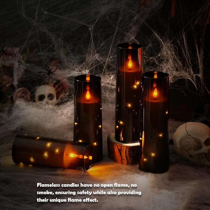 Flameless Candles,with Embedded Star String, Battery Operated Candles Flickering LED Pillar Candles with Remote Control and Timer, Home Decoration Add a Warm and Romantic Atmosphere，Set of 7 (Black)