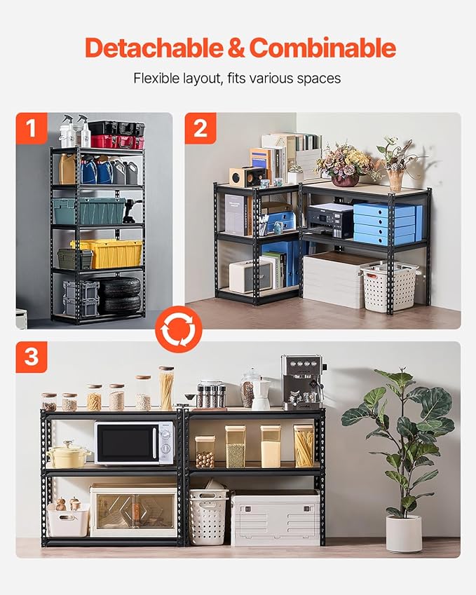 VEVOR Storage Shelves, 2000 lbs, 5 Tier Garage Storage Shelving, 16" D x 32" W x 62.8" H Adjustable Metal Shelves for Garage Shelves Utility Rack Shelf, Ideal for Kitchen, Warehouse, Basement, Black