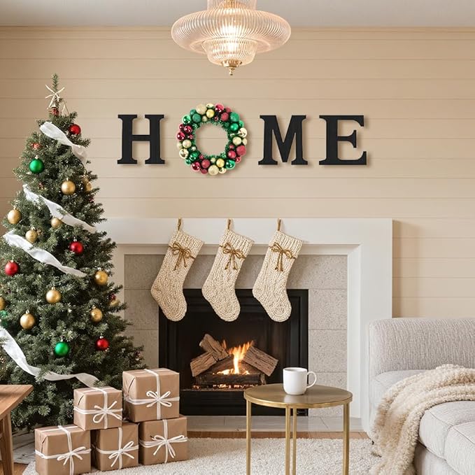 Wooden Home Sign with Artificial Christmas Wreath for O, Hanging Farmhouse Wall House Winter Decor Wood Letters for Wall Art Rustic Home Decor, Red Green Wreath for Living Room Entryway