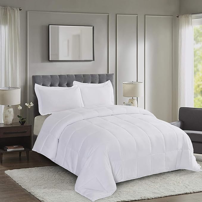 HIG 3pc Down Alternative Comforter Set - All Season Reversible Comforter with Two Shams - Quilted Duvet Insert with Corner Tabs -Box Stitched - Breathable, Soft, Fluffy (Full/Queen, Pure White)