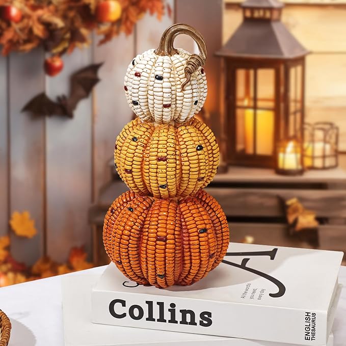 Briful Fall Stacked Corn Pumpkin Decoration – 10.6" Tall Resin Pumpkins Rustic Harvest Faux Pumpkin Decor for Thanksgiving Tabletop Centerpiece Outdoor Indoor Autumn Decor
