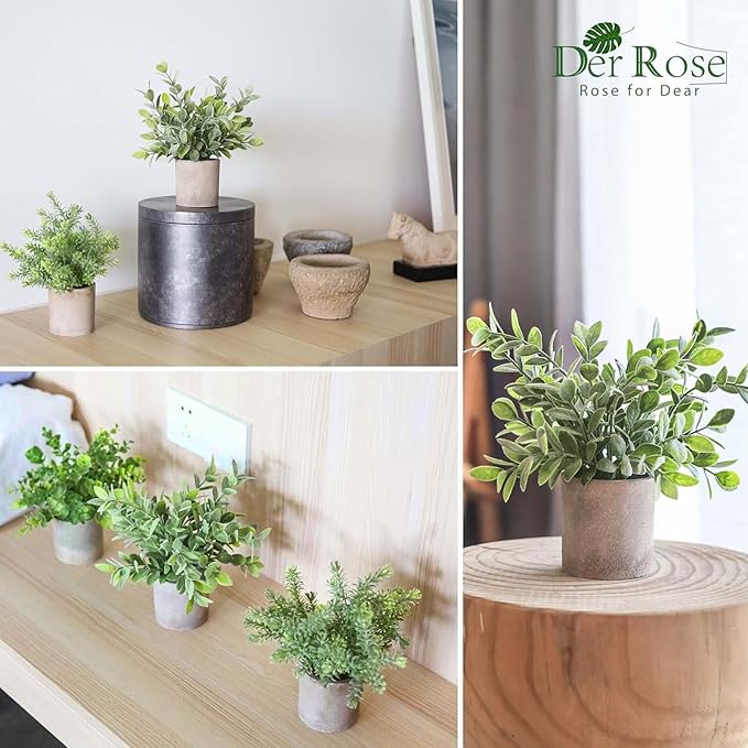 Der Rose 3 Pack Mini Potted Fake Plants Artificial Plastic Eucalyptus Plants Topiaries for Home Office Desk Farmhouse Room Bathroom Decor