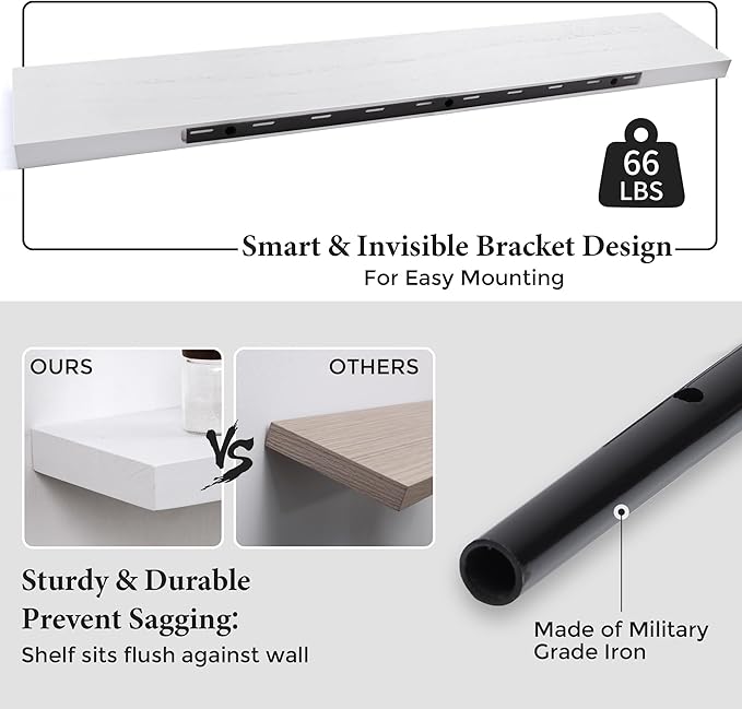 Axeman Floating Shelves, 8 Inch Deep Rustic Solid Wood Wall Shelves for Storage, Wall Mounted Display Shelving with Invisible Heavy-Duty Metal Bracket, 48" W x 8" D x 1.6" H, Distressed White