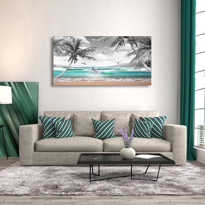 Beach Palm Pictures Canvas Wall Art For Living Room Bedroom Wall Decor,Sea Wave Wall Art Print Paitnings For Home Decor,Morden Artwork Coconut Tree Canvas Art Ready To Hang-20X40Inches