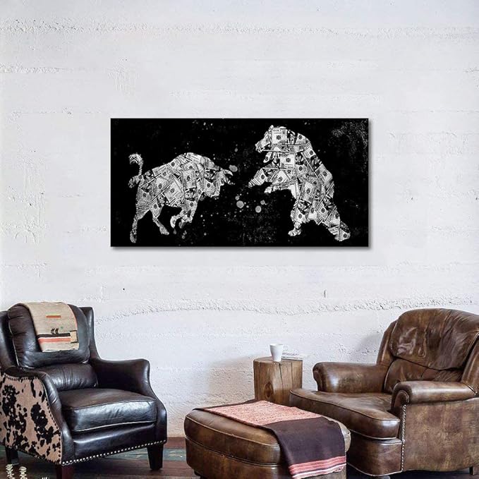 Motivational Office Wall Art Creative Bull & Bear Money Canvas Artwork Inspirational Wall Decor Black White Animal Print Modern Home Decorations for Guest Room Rest Room, Framed 40x20 inches