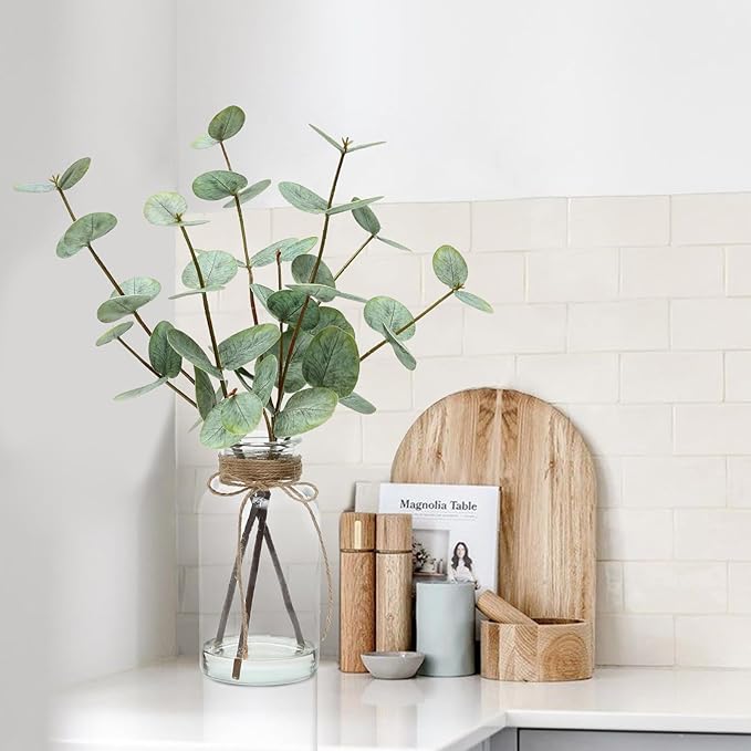 15" Artificial Eucalyptus Stems in Vase, Real Touch Small Fake Eucalyptus Plant for Table Bathroom Shelves Farmhouse Wedding Home Office Coffee Table Décor