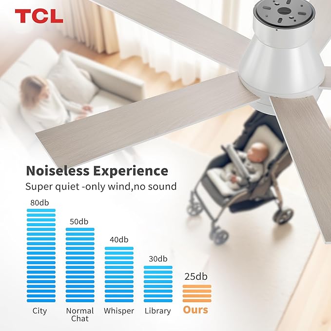 TCL 52" White Ceiling Fan with Light and Remote, Modern LED 3-Color, 3CCT, Quiet Motor for Bedroom, Living Room, Dining Room, Ceiling Fans with Lights (White)