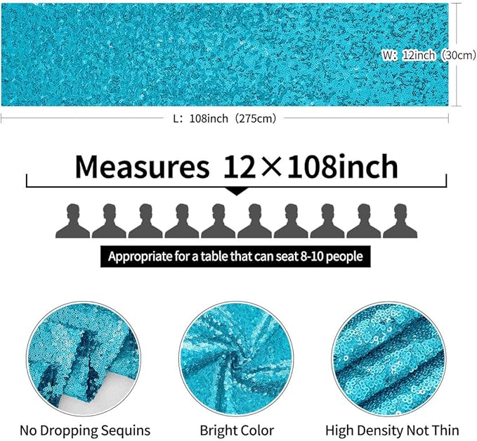 2 Packs 12 x 108 inches Turquoise Sequin Table Runner, Glitter Turquoise Blue Table Runner for Wedding Birthday Bachelorette Holiday Party Supplies Decorations Bridal Shower Baby Shower