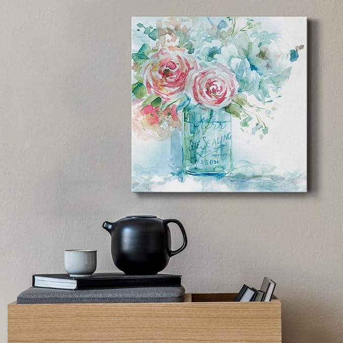 Square Premium Gallery Wrapped Canvas Flower Multicolor Wall Art Abstract Floral Romance Modern Pictures Print for Home Office, Ready to Hang