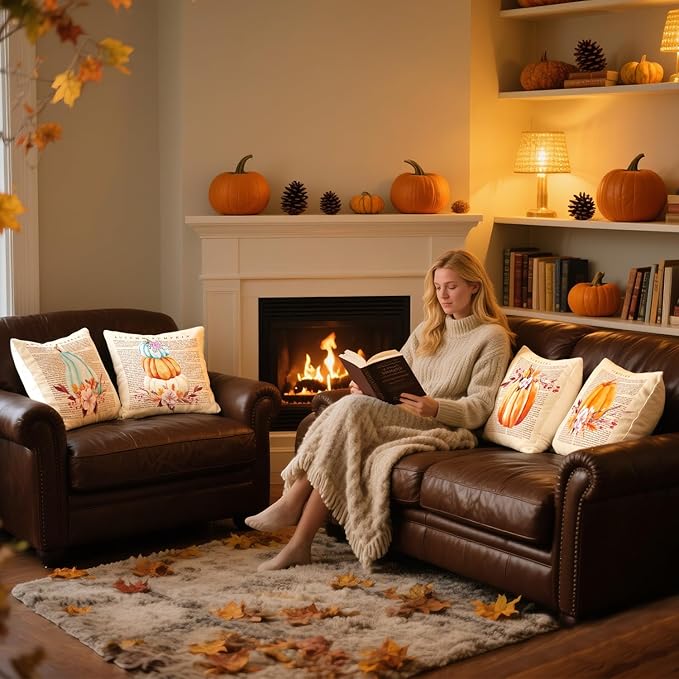 Autumn Thanksgiving Fall Home Decor, Vintage Pumpkin Throw Pillow Covers Set of 4 (18x18 Inch), Cozy Couch Pillow Cases for Indoor & Outdoor, Holiday Accents